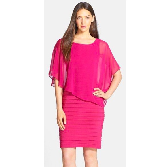 Adrianna Papell Magenta Chiffon Overlay Shutter Pleat Sheath Dress 16W Wedding - Picture 1 of 10